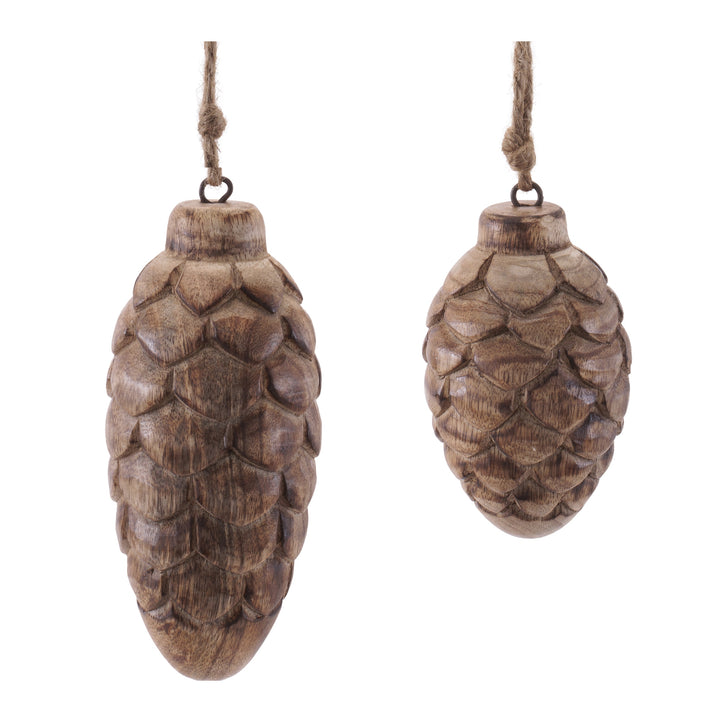 Carved Wooden Pincone Ornaments - Set of 2
