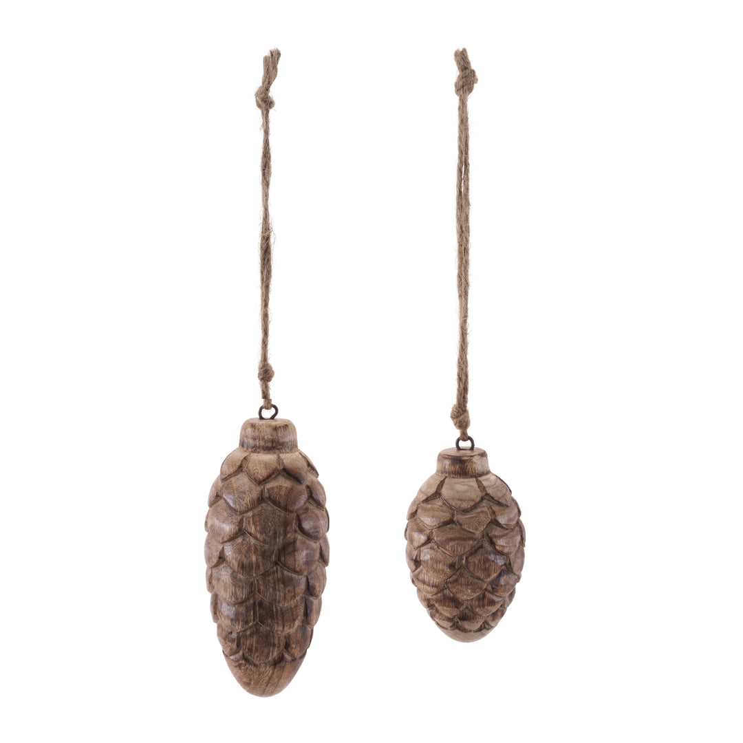 Carved Wooden Pincone Ornaments - Set of 2