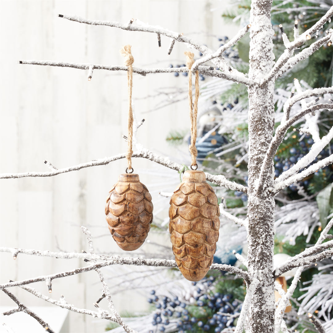 Carved Wooden Pincone Ornaments - Set of 2