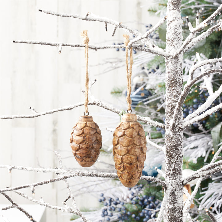 Carved Wooden Pincone Ornaments - Set of 2