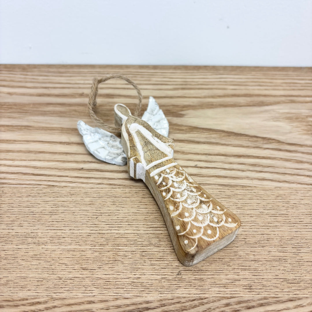Mango Wood Angel Ornament w/ Metal Wings