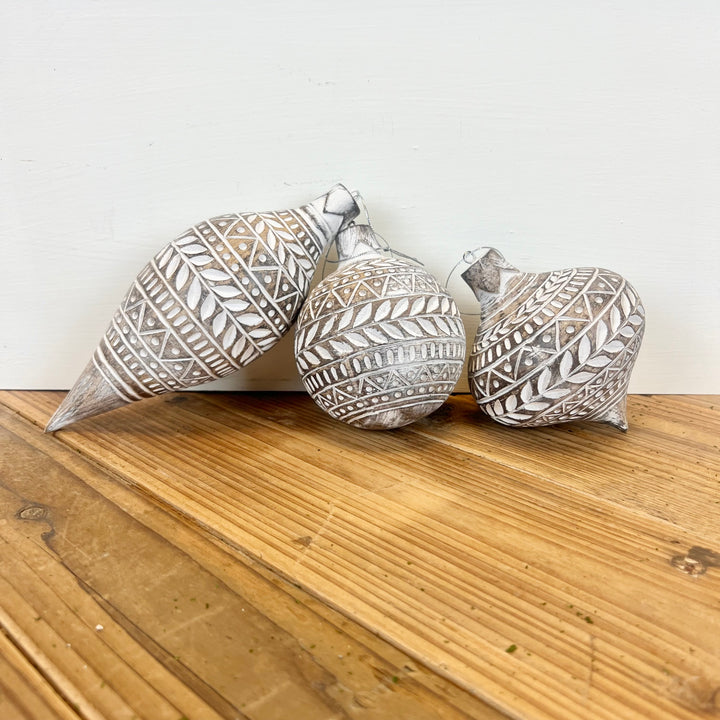 White Distressed Carved Ornaments - 3 styles