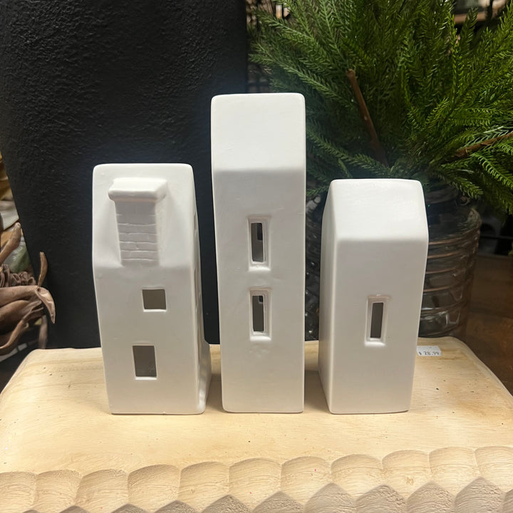 White Light Up Ceramic Houses - Set of 3