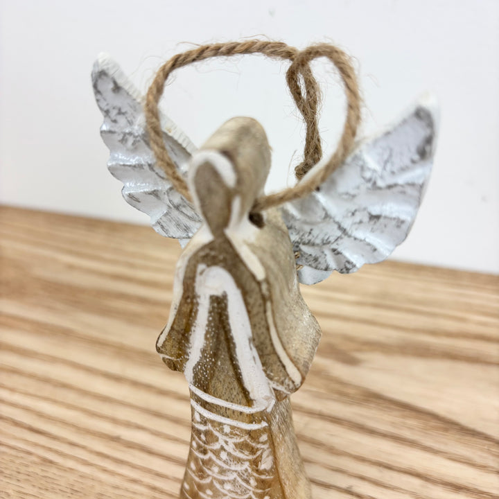 Mango Wood Angel Ornament w/ Metal Wings