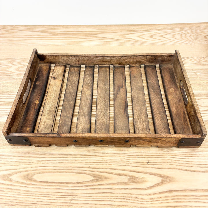 Slatted Wood Tray with Metal Fasteners