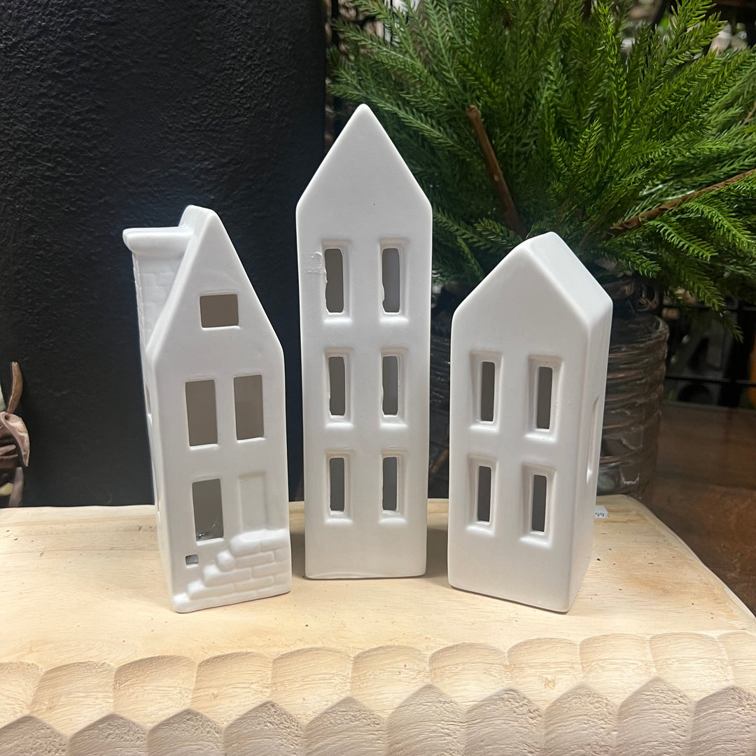 White Light Up Ceramic Houses - Set of 3