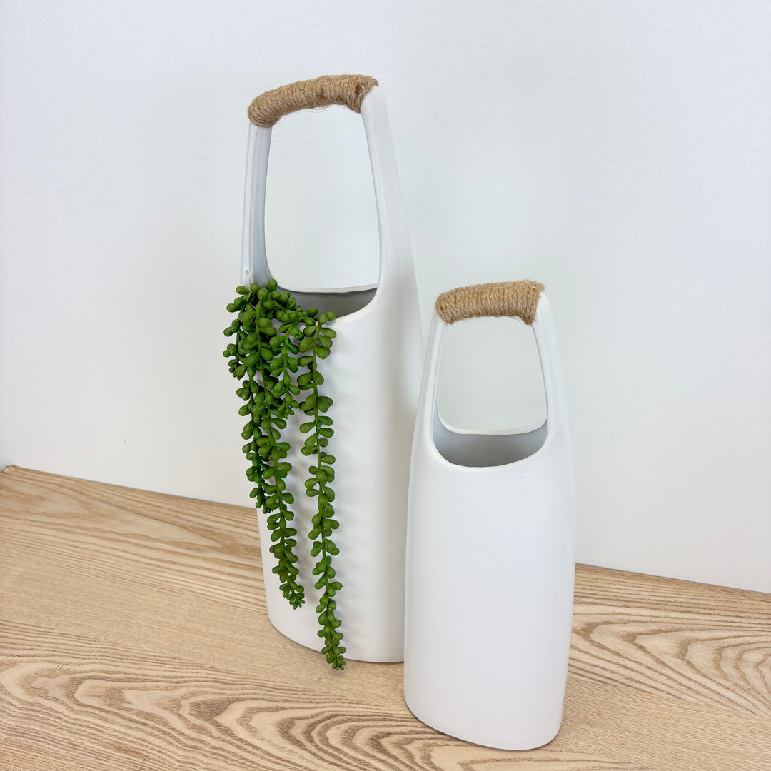 White Stoneware Vase with Jute Wrapped Handle