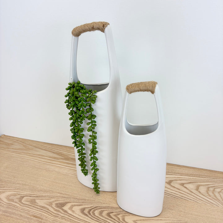 White Stoneware Vase with Jute Wrapped Handle