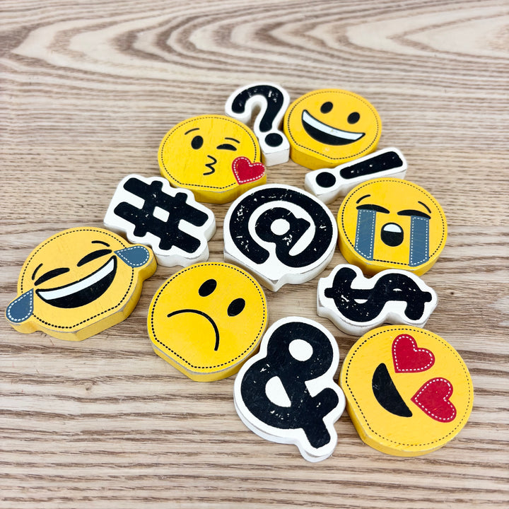 Stylized Symbols and Emojis Decorative Wooden Shapes