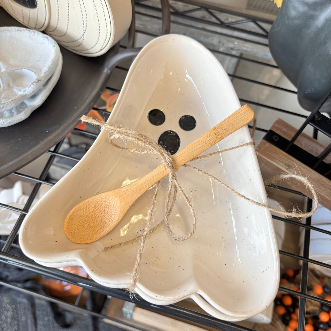Stoneware Ghost Shaped Dish with Spoon