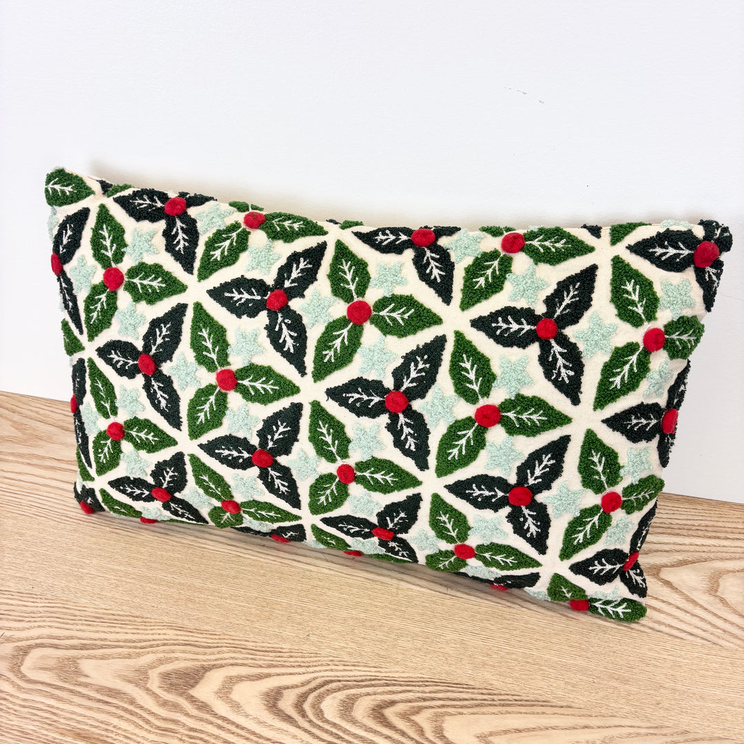 Holly Leaves Tufted Embroidered Lumbar Pillow