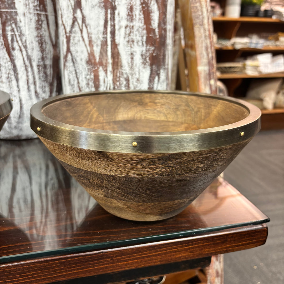 Stained Mango Wood Bowls with Antiqued Metal Rim - 2 Sizes