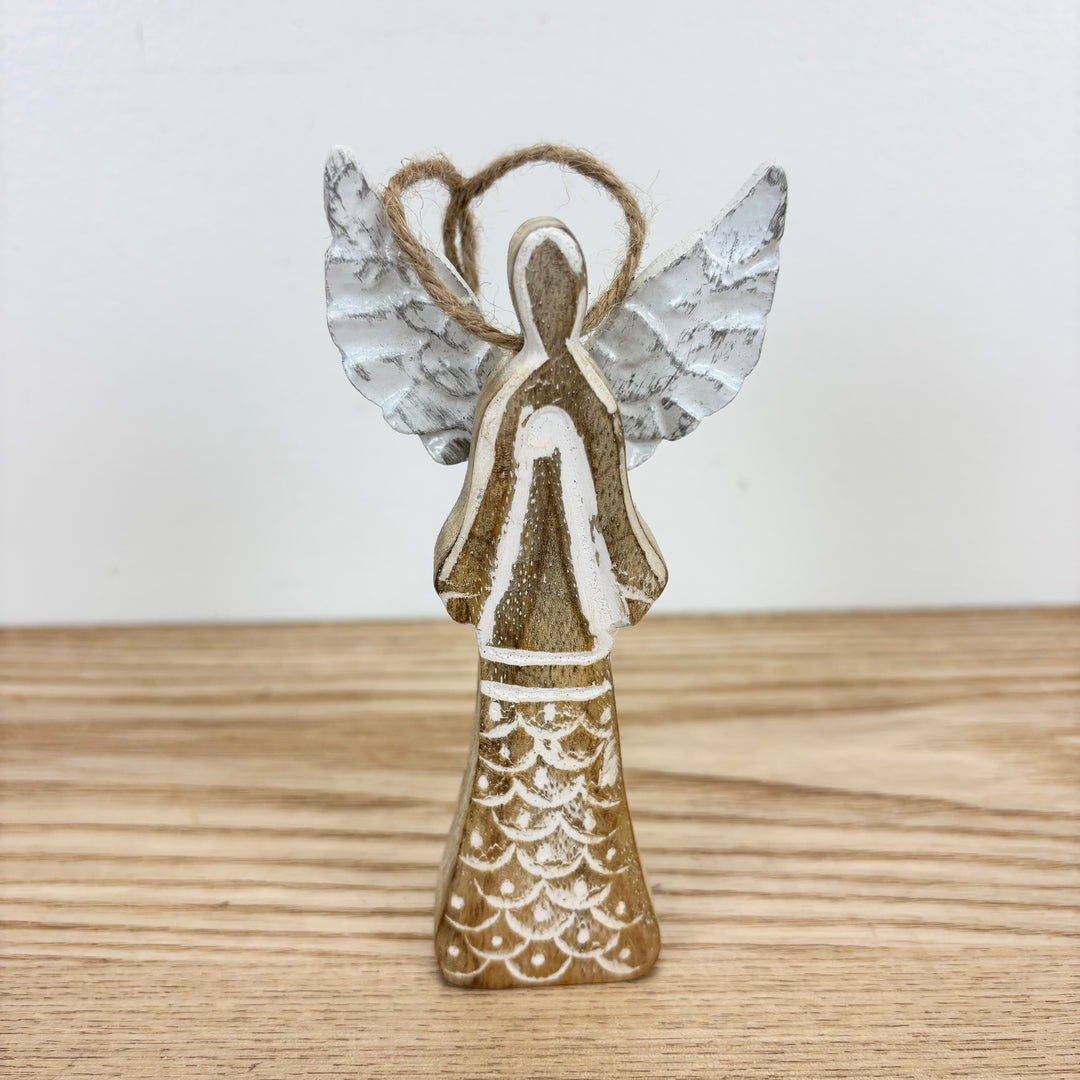 Mango Wood Angel Ornament w/ Metal Wings