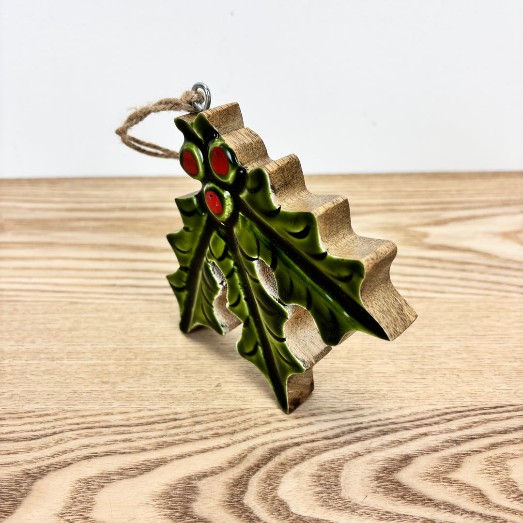 Mango Wood Holly Ornament