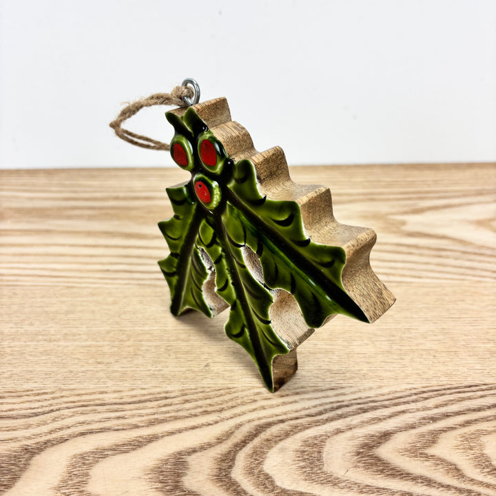 Mango Wood Holly Ornament