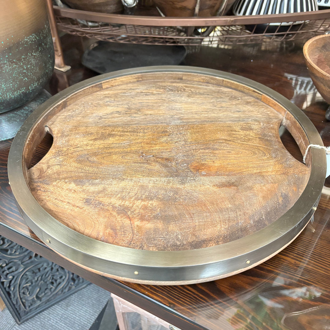 Stained Mango Wood Trays with Antiqued Metal Rim