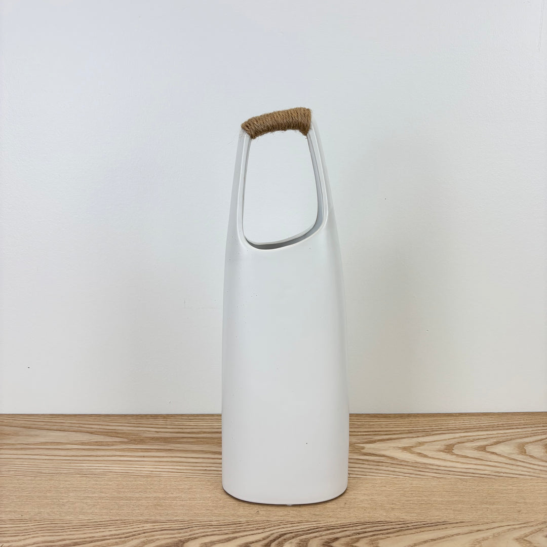White Stoneware Vase with Jute Wrapped Handle