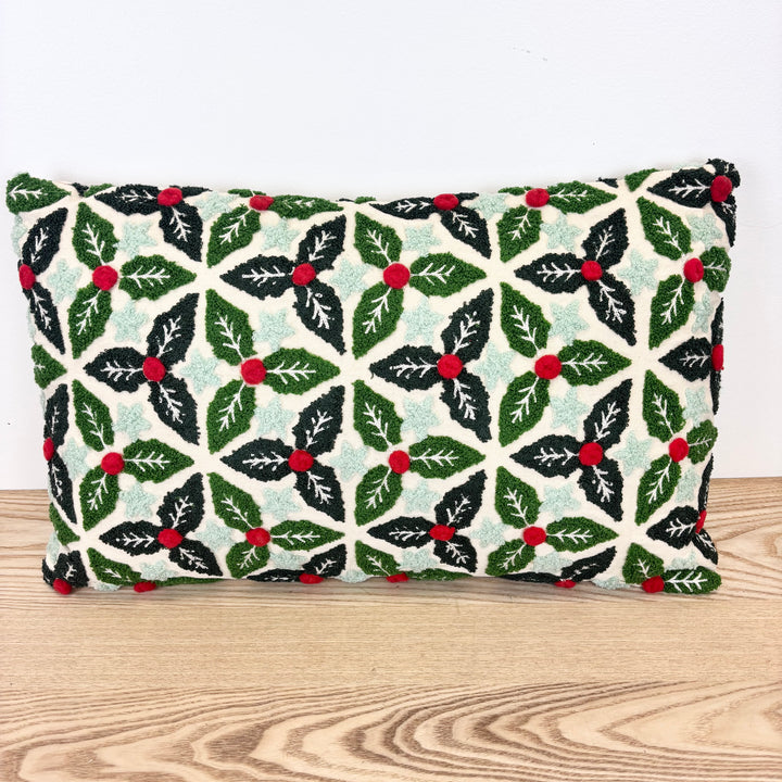 Holly Leaves Tufted Embroidered Lumbar Pillow