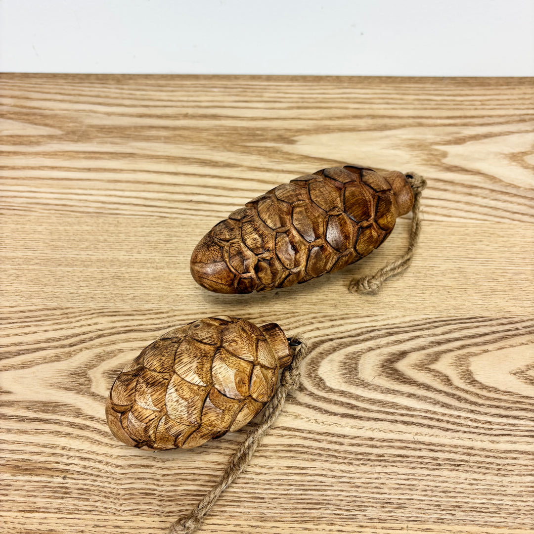 Carved Wooden Pincone Ornaments - Set of 2