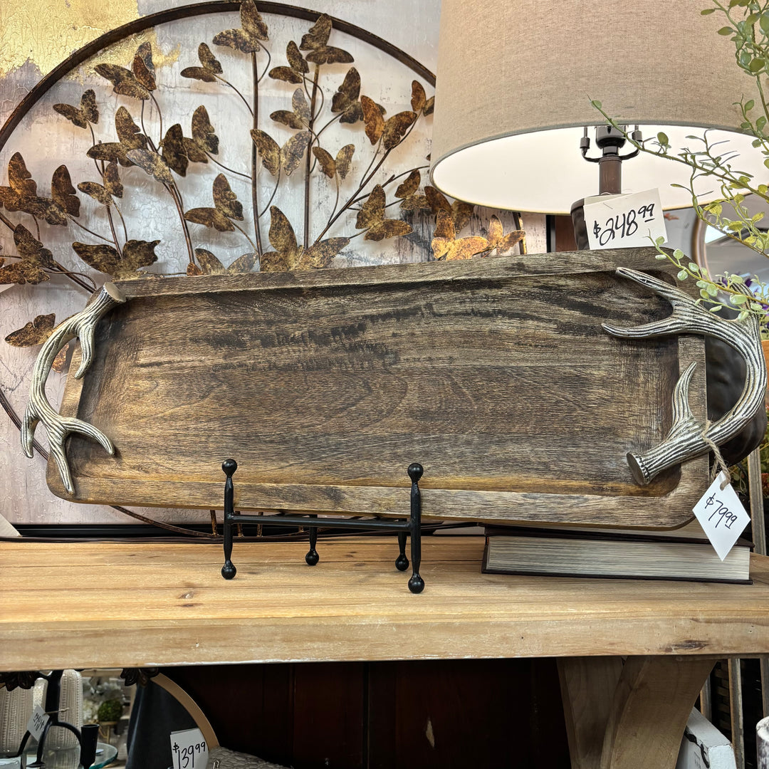 Mango Wood Tray with Antiqued Silver Antler Handles - 2 Sizes