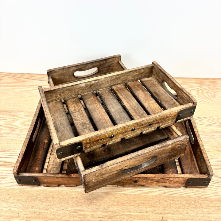Slatted Wood Tray with Metal Fasteners