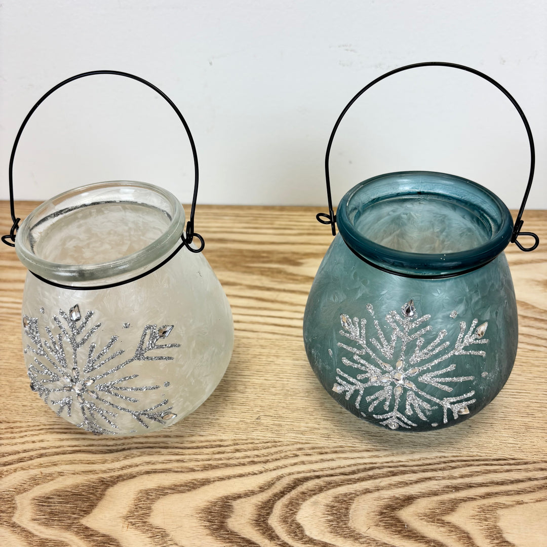 Glass Holiday Snowflake Luminaries, two colors available