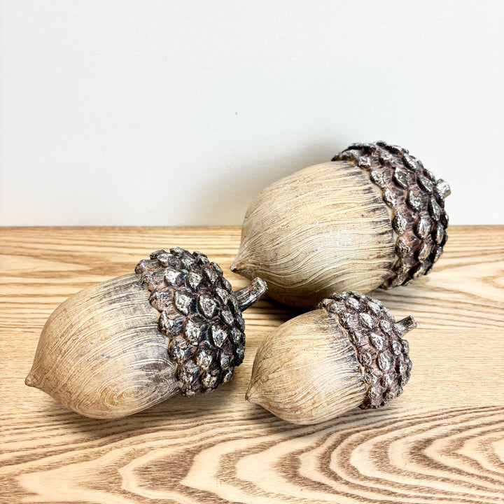 Resin Acorns with Silvered Caps, Set of 3