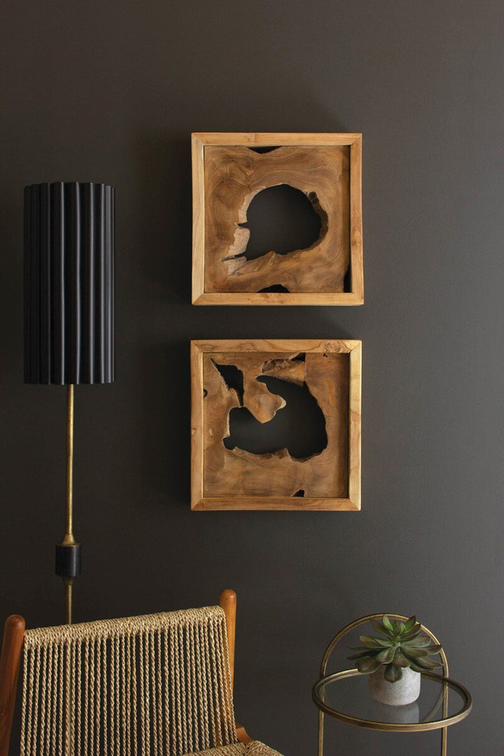 Square Framed Teak Wall Art, Set of 2