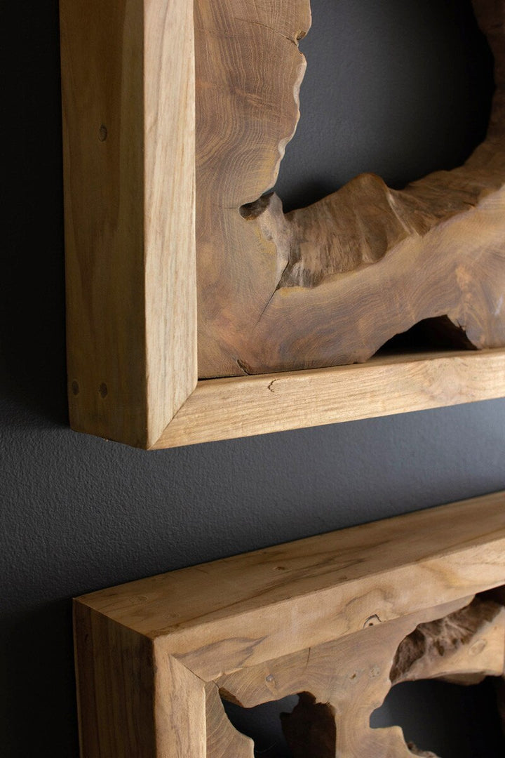 Square Framed Teak Wall Art, Set of 2