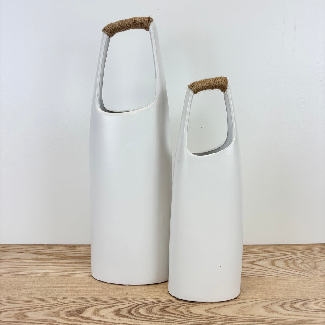 White Stoneware Vase with Jute Wrapped Handle