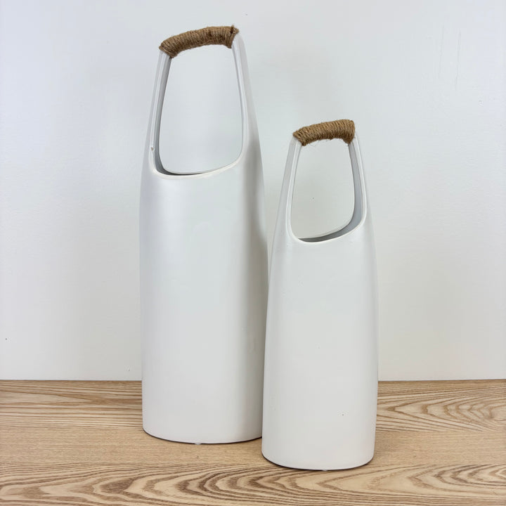 White Stoneware Vase with Jute Wrapped Handle