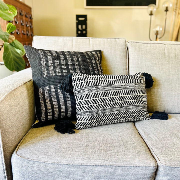 Black and Cream Lumbar Pillow with Tassels