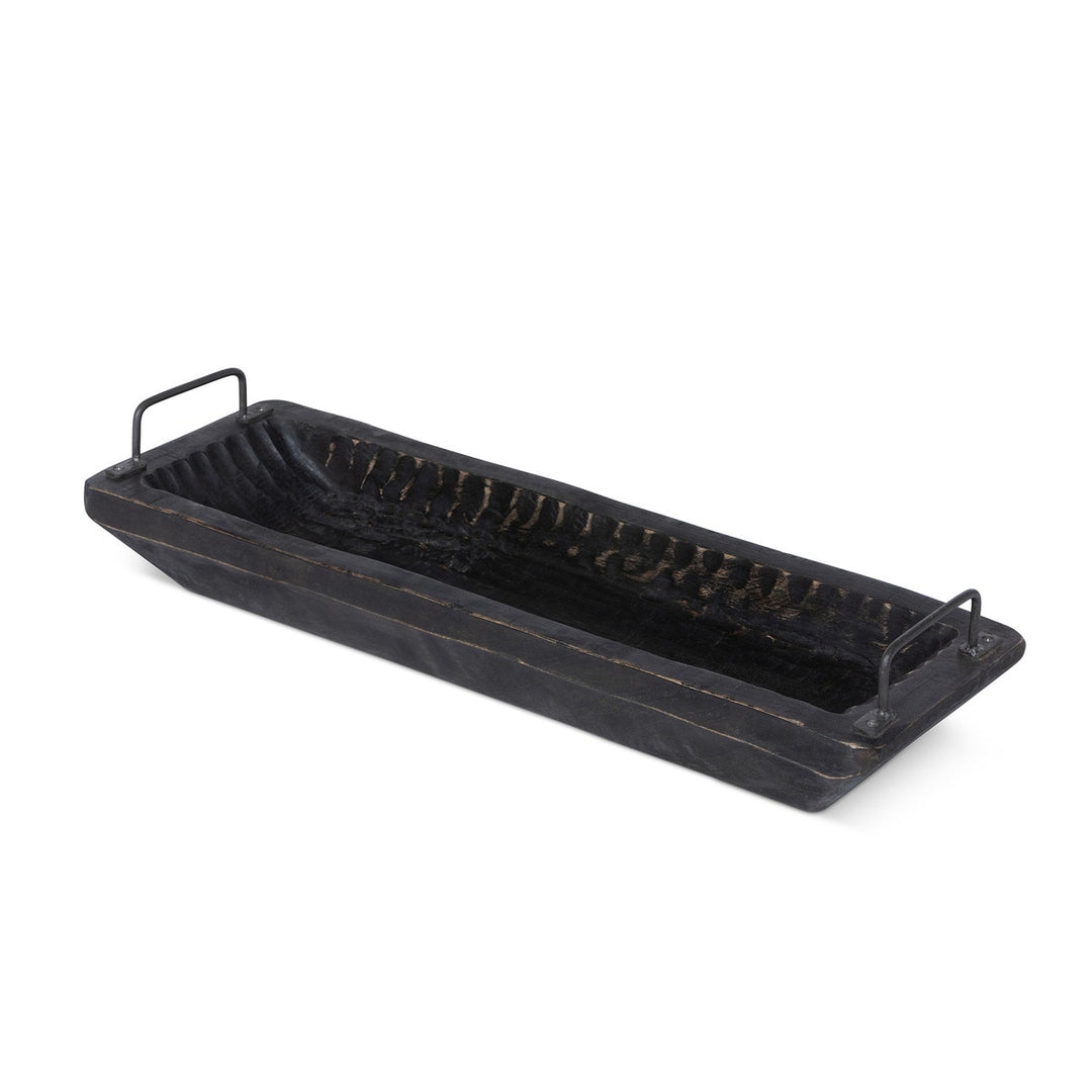 Carved Wood Tray with Iron Handles