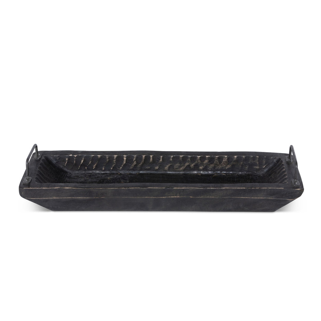 Carved Wood Tray with Iron Handles