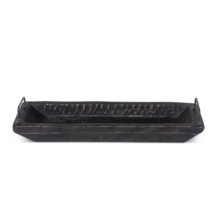 Carved Wood Tray with Iron Handles