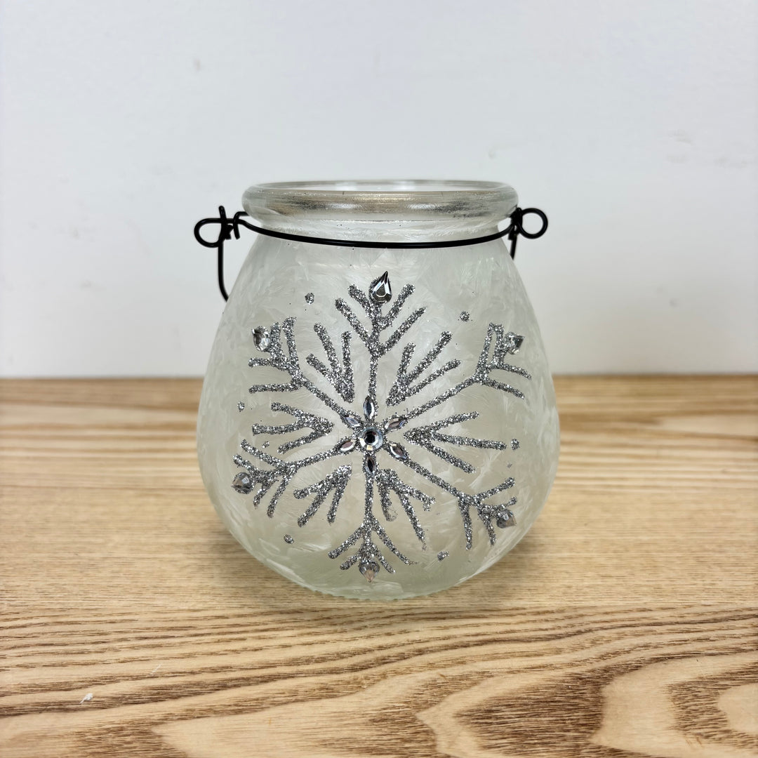 Glass Holiday Snowflake Luminaries, two colors available