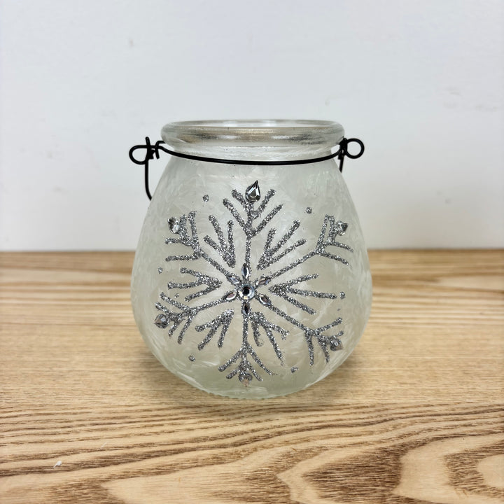 Glass Holiday Snowflake Luminaries, two colors available