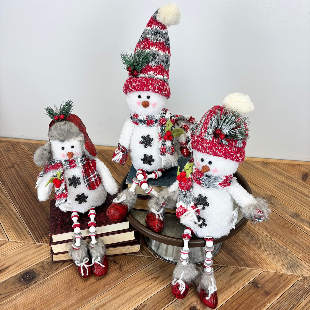 Red Plush Holiday Snowman Shelf Sitter with Beaded Legs - 3 Styles
