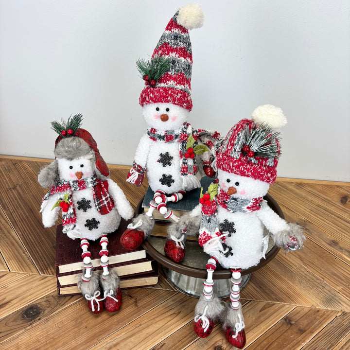 Red Plush Holiday Snowman Shelf Sitter with Beaded Legs - 3 Styles