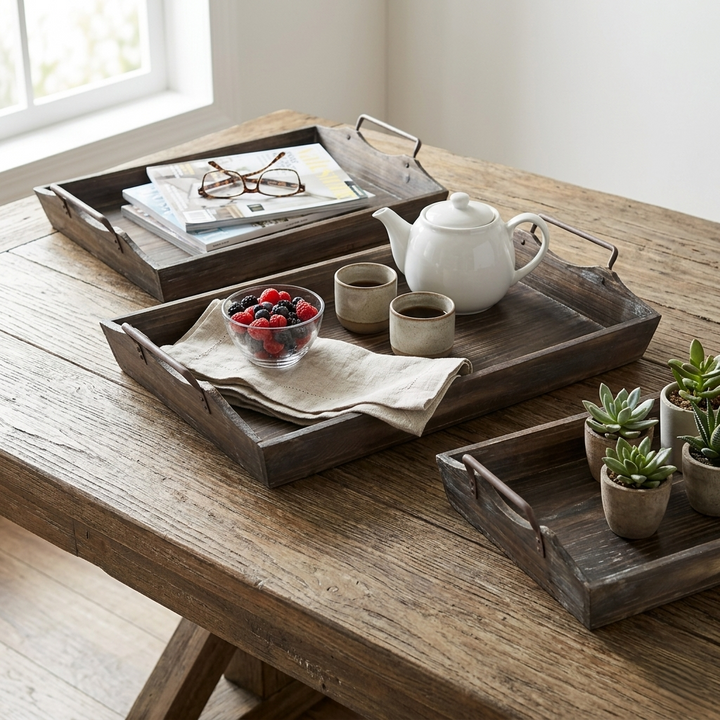 Metal Handled Handmade Wood Trays, 4 Sizes Available