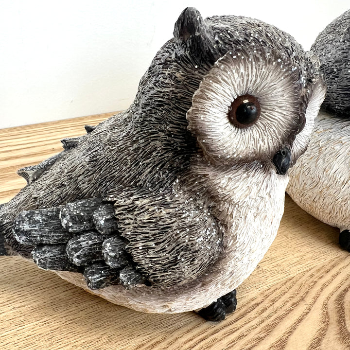 Snowy Resin Owls - Set of 2