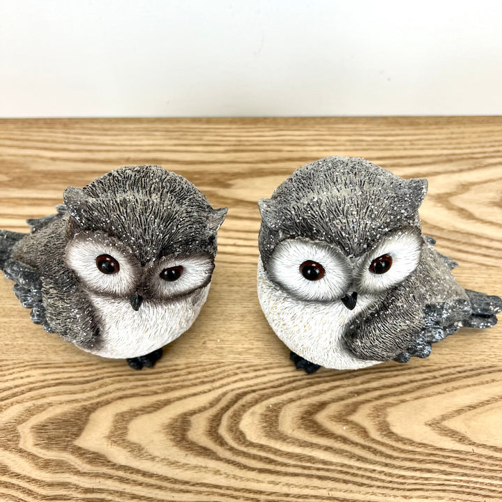 Snowy Resin Owls - Set of 2