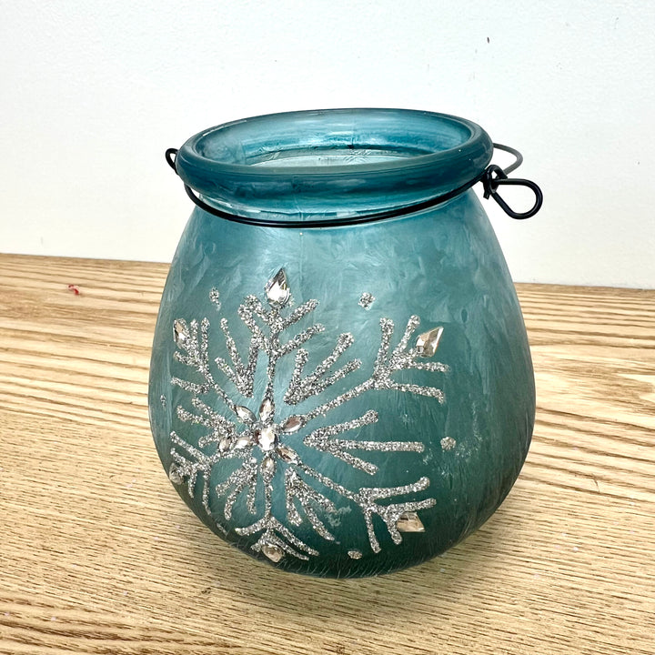 Glass Holiday Snowflake Luminaries, two colors available