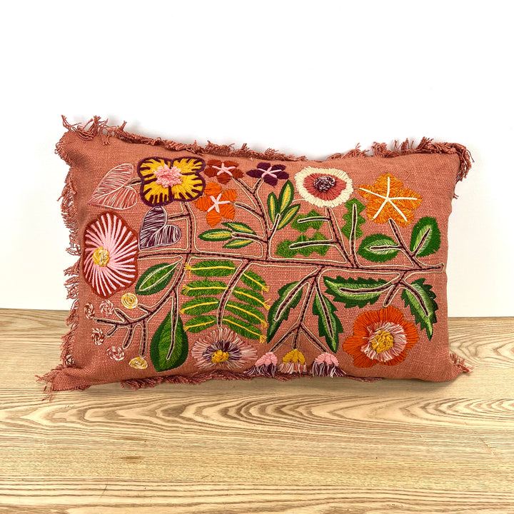 Pink Floral Lumbar Pillow with Fringe