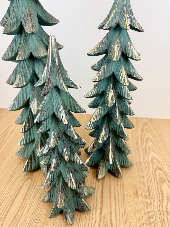 Green Resin Trees with Gold Accent Large - Set of 3