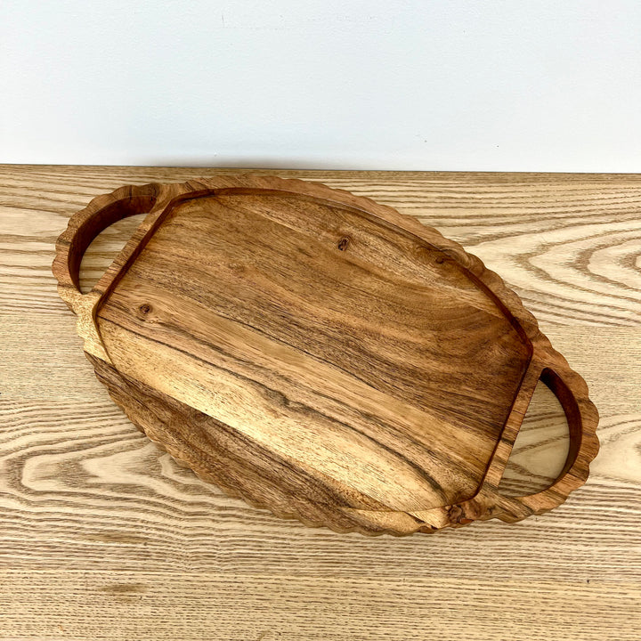 Scalloped Acacia Wood Oval Tray