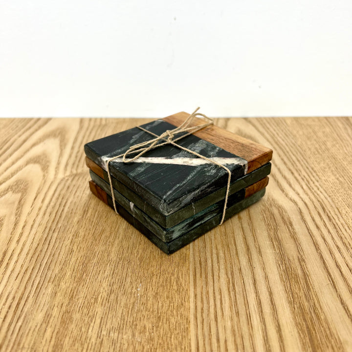 Marble & Acacia Wood Coasters, Set of 4