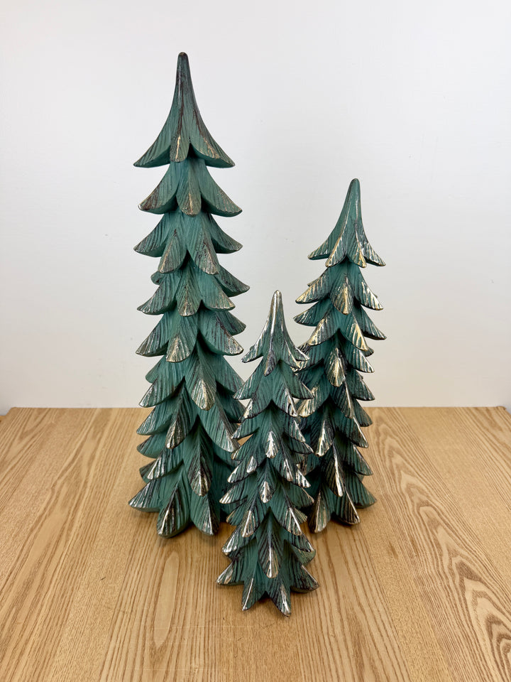 Green Resin Trees with Gold Accent Large - Set of 3