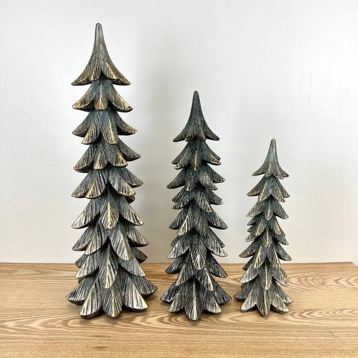 Frosted Green Resin Trees - Set of 3