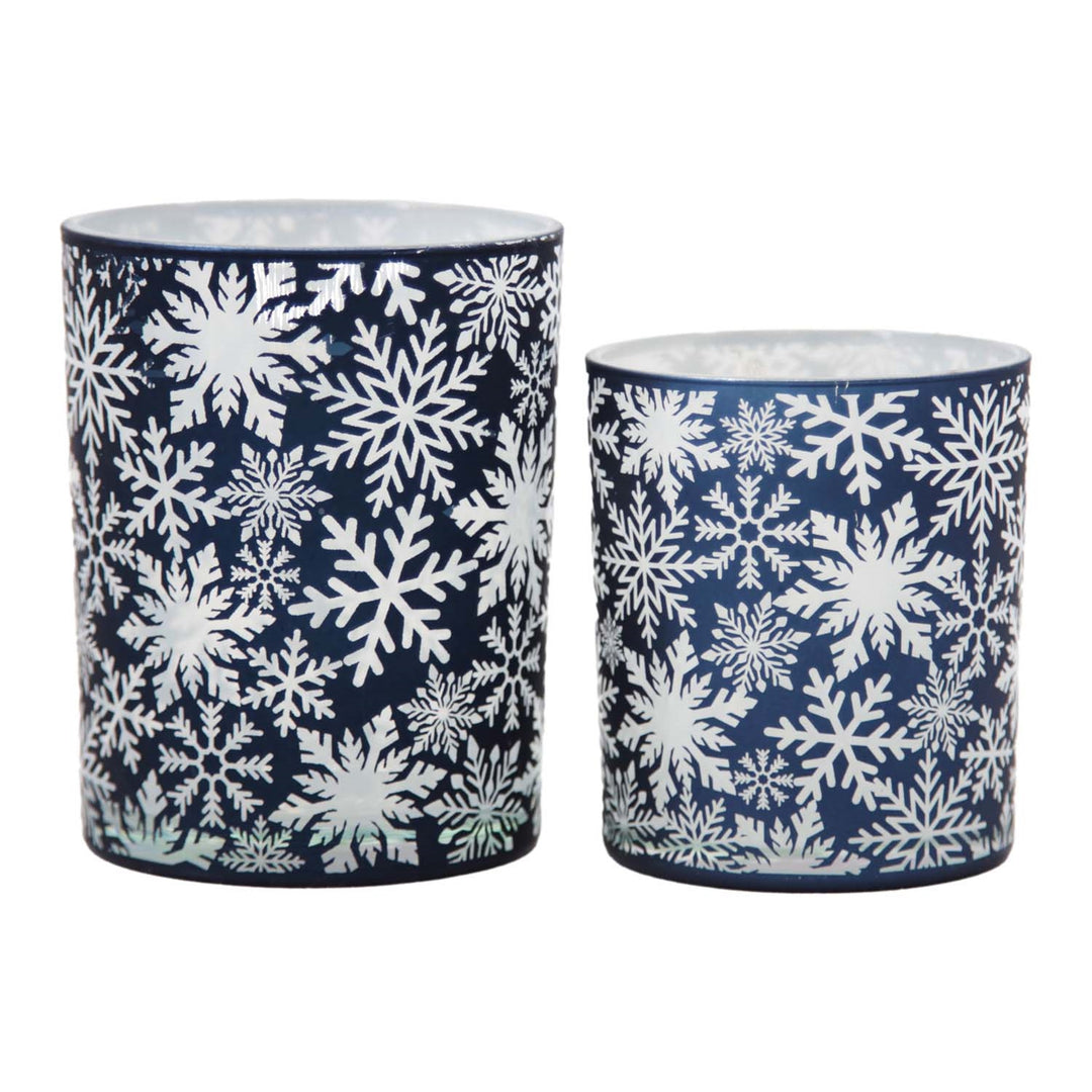Blue Snowflake Glass Candle Holders, Set of 2